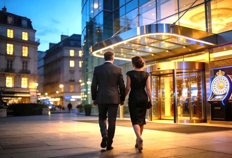 Eleg&aacute;nsan &ouml;lt&ouml;z&ouml;tt p&aacute;r s&eacute;t&aacute;l egy budapesti kaszin&oacute; bej&aacute;rata fel&eacute; az esti &oacute;r&aacute;kban